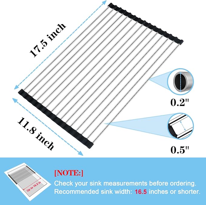 Seropy Roll Up Dish Drying Rack Over the Sink Drying Rack for Kitchen Counter, Rolling Dish Rack Over Sink Mat, Foldable Dish Drainer Stainless Steel Rack Kitchen Organization Gadgets 17.5"x11.8" - Image 3