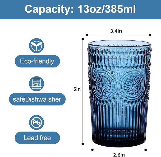 ZMOWIPDL Drinking Glasses Set of 6,13oz Flower Design Blue Glass Cups | Vintage Glassware,Textured Tumblers,Embossed Striped Drinkware for Water,Cocktails,Juice,Iced Coffee - Image 2