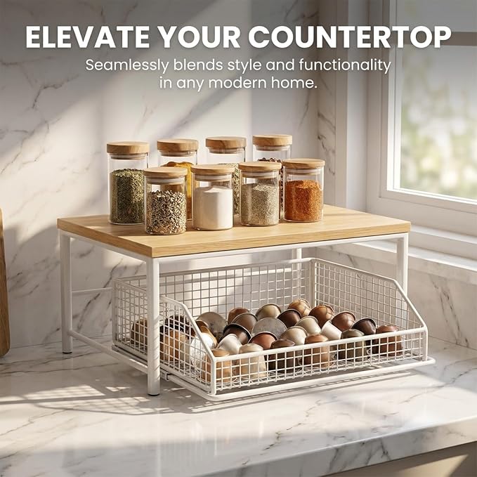Sakerplus Coffee Pod Holder with Drawers (White) | Coffee Pod Organizer and Coffee Pod Storage for Countertop, Metal Basket Coffee Pod Drawer Organizer for Kitchen, Office - Image 6