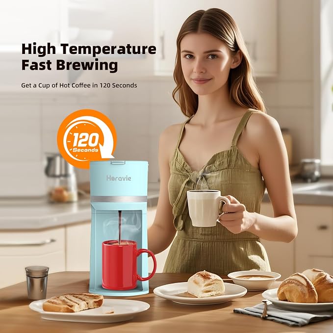 Horavie Mini Single Serve Coffee Maker for K-Cup Pod and Ground Coffee, Fast Brew One Cup Coffee Machine with Descaling Reminder and Water Window, 6 to 12 oz. Brew Sizes, Light Blue - Image 2