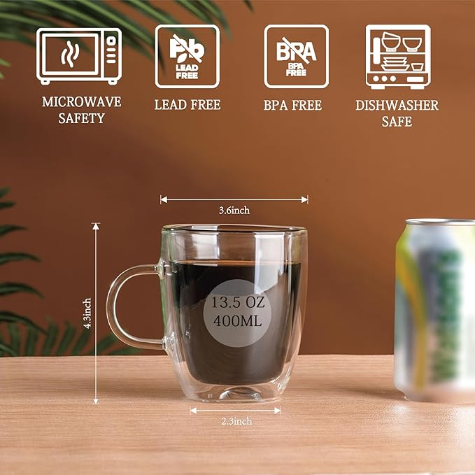 Double Wall Insulated Glass Coffee Mugs set of 4-13.5 oz Clear Hand Blown Glass Coffee Cups with Handle for Cappuccino, Latte,Espresso,Tea Bags,Americano,Beverages, Coffee Lovers Gifts