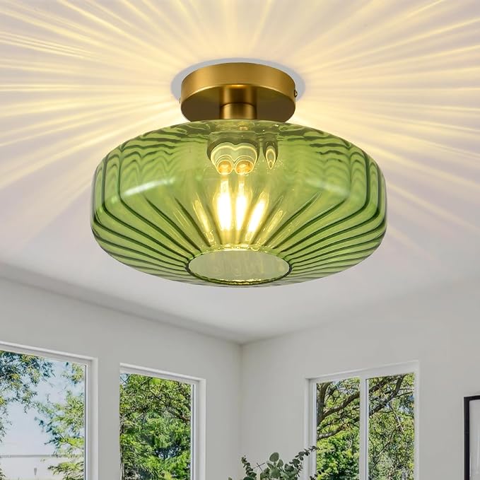 Semi Flush Mount Ceiling Light,11.8 Inch Vintage Green Glass Ceiling Light Fixture,Art Deco Kitchen Lighting Fixtures Ceiling for Hallway Porch Bedroom Bathroom Dining room,E26 Base(Bulb Not Included) by Unknown