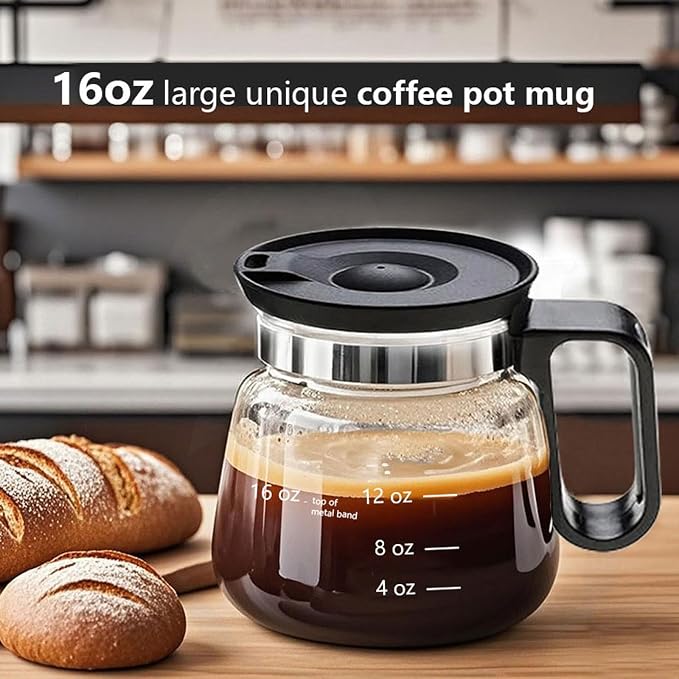 Coffee Pot Mug, 16 Oz Glass Coffee Mug - Coffee Pot Style, Portable, Mini Small Capacity Clear Cup With Handle And Spill Proof Lid, For Hot Teas, Hot Chocolate Etc. - Image 3