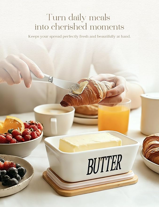 Ceramic Butter Dish with Lid and Knife & Silicone Seal for Countertop White | Suitable Capacity, Great Sealing, Home Decor Kitchen Gift Housewarming Gift - Image 5