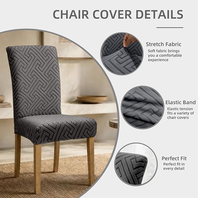Promindfly Dining Chair Covers, 3D Jacquard Fabric Chair Covers for Dining Room, Anti-Scratch Chair Covers Set of 4, Stretch Washable Dining Chair Covers for Kitchen, Hotel - Image 2