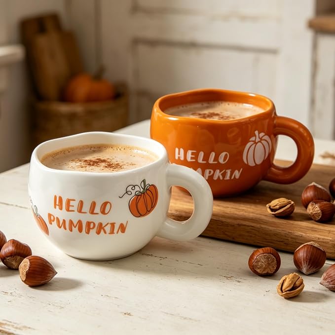 4pcs Ceramic Mugs Set, 9.4OZ Cute Coffee Cup Set, Hello Pumpkin Design, Dishwasher Safe, Gift for Fall/Halloween/Thanksgiving (Pumpkin) - Image 7