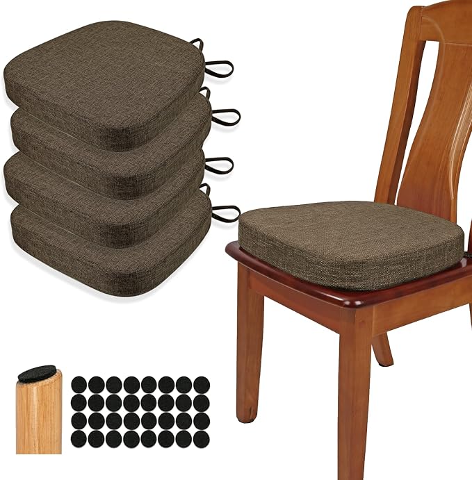 BUYUE Thickened 2.5" Dining Chair Cushions Set of 4, U-Shape High Density Foam Comfortable Chair Pads for Kitchen, Slip Resistant Indoor Seat Cushions (4 PCS, Brown) by BUYUE
