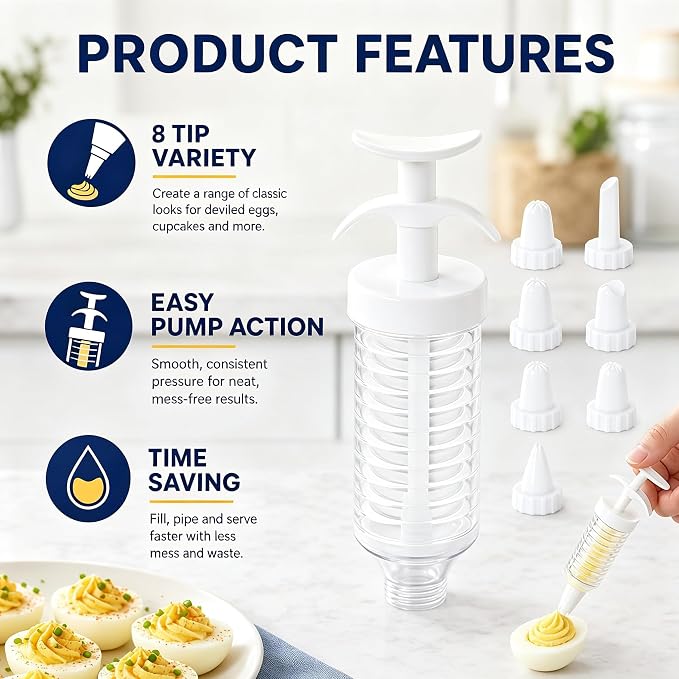 1 SET Deviled Egg Piping Tool, Deviled Eggs Filler Tool with 8 Piping Tips, Cupcake Filler Tool for Baking and Party Preparation, Reusable White Decorating Kit - Image 3