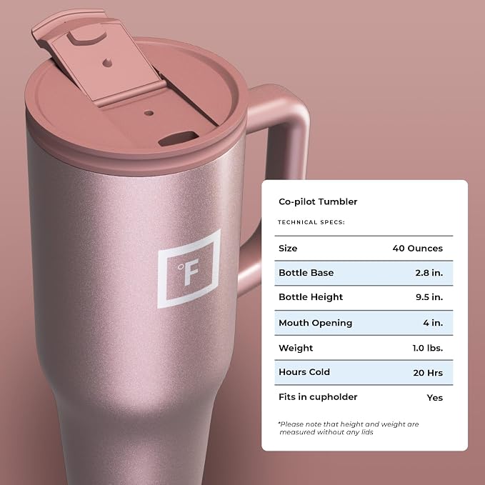 IRON °FLASK 40 oz Co-Pilot Insulated Travel Mug | Insulated Travel Mug with Straw & Flip Cap Lids - Cup Holder Fit, Leakproof, BPA Free (Rose Gold) - Image 8
