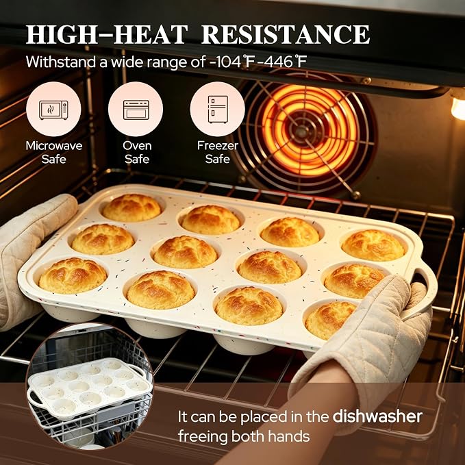 2 Pack Silicone Muffin Pans, 12 Cup Cupcake Pan with Metal Reinforced Frame | 3 Baking Tools Included, Nonstick Molds for Homemade Muffins, Cupcakes, Egg Bites, Oven & Dishwasher Safe - Image 3