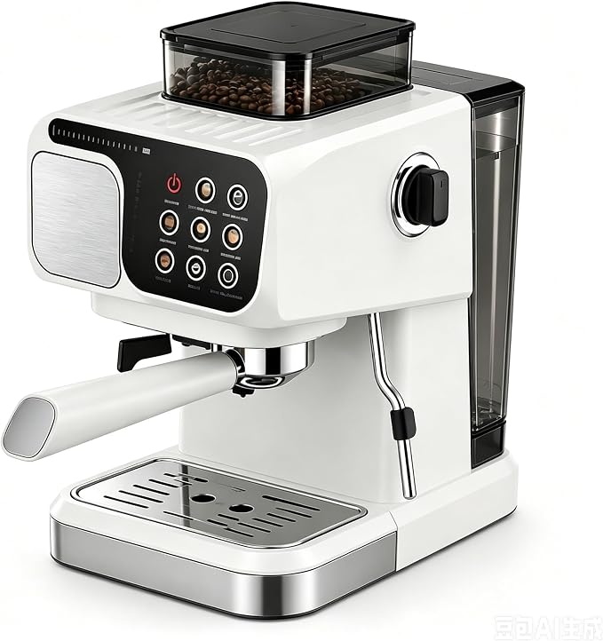High-Pressure Espresso Maker All-In-One Coffee Machine | Features a built-in grinder and steam frother for concentrated, creamy milk foam.(White) by Unknown