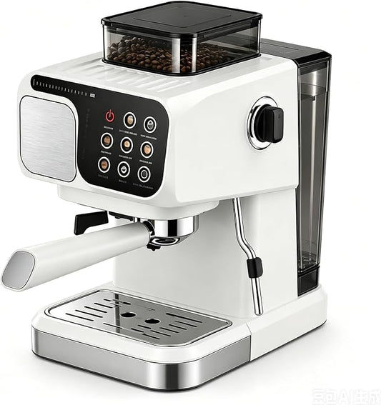 High-Pressure Espresso Maker All-In-One Coffee Machine | Features a built-in grinder and steam frother for concentrated, creamy milk foam.(White) by Unknown