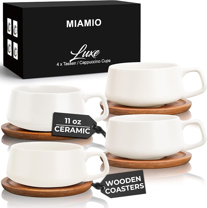 MIAMIO - Cappuccino Cup Set of 4, Ceramic, Wide (9.5oz) - Luxe (White) | Ceramic cappuccino cups and saucers, wide latte cups and mugs for Americano, 4-piece set of ceramic cups, dishwasher safe by MIAMIO