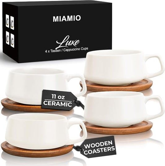 MIAMIO - Cappuccino Cup Set of 4, Ceramic, Wide (9.5oz) - Luxe (White) | Ceramic cappuccino cups and saucers, wide latte cups and mugs for Americano, 4-piece set of ceramic cups, dishwasher safe by MIAMIO