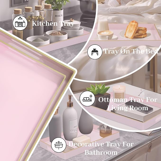 MAONAME Pink Serving Tray with Handles, Plastic Decorative Tray Set of 2 | Pink Decorative Tray for Coffee Table, Modern Ottoman Tray, Rectangle Melamine Tray for Living Room, 15.8"L x 10.2"W x 1.4"H - Image 7