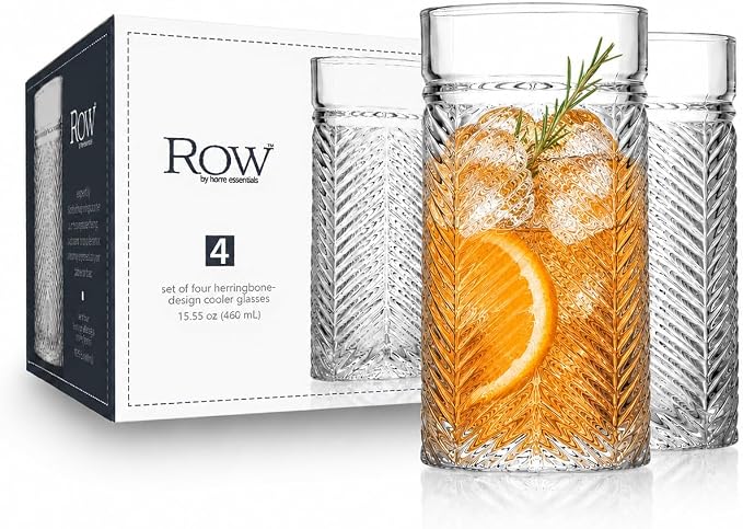 Highball Glasses Set of 4 Herringbone, 15.5 oz Tall Drinking Glasses, Elegant Textured Premium Glassware Tumblers for Water, Juice, Cocktails, Everyday use Vintage Style Beverage Glass Set by MosJos