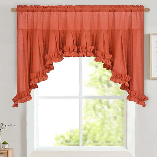 Likiyol Linen Valances for Windows Farmhouse Ruffle Swag Valance Rustic Country Window Valances Light Filtering Kitchen Curtains Rod Pocket Valance Curtains for Bathroom Cafe, Orange, 60" W x 36" L by Likiyol