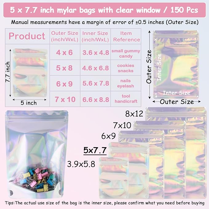 150 Pcs Mylar Bags for Food Storage, 5x8 Mylar Bag with Window Stand Up, Small Holographic Resealable Bags Smell Proof Bag Food Packaging for Small Business Freeze Dried Candy Jewelry Foil Packaging - Image 5