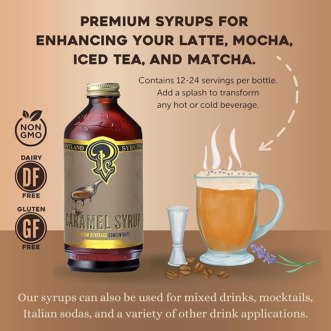 Portland Syrups Caramel Syrup – Flavoring for Coffee, Lattes, Cold Brew, Macchiatos, Cocktails, & Desserts – Ideal for Drinks & Adding a Caramel Touch to Any Beverage – 12 oz, 24 servings (Pack of 1)