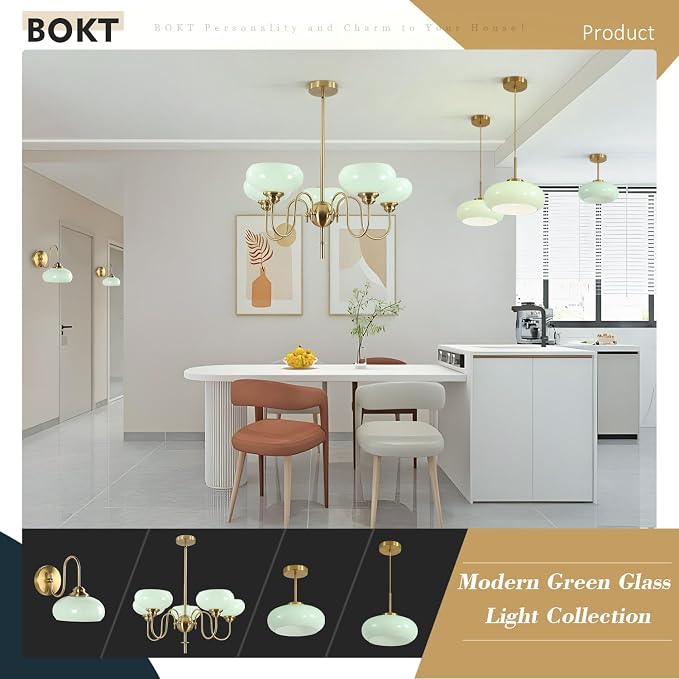 Mid Century Wall Sconce Green Glass Globe Wall Lamp for Dining Room Modern Gold Semi Flush Mount Hard-Wired Wall Light Fixture for Hallway, Kitchen, Indoor Use - Image 8