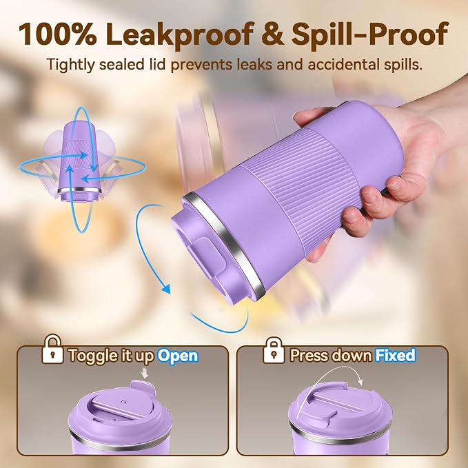 12OZ Travel Coffee Mug Insulated Coffee Cup with Spill Leak Proof Lid, Portable Stainless Steel Tumbler Reusable Hot and Cold Water Mug for Car, Daily, Camping- Purple - Image 4