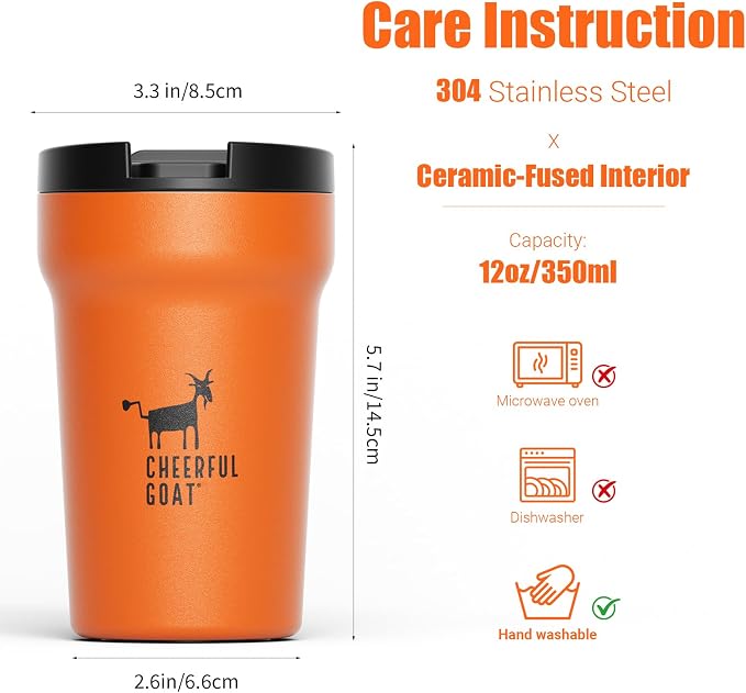 CHEERFUL GOAT Insulated Coffee Mug – Stainless Steel Travel Coffee Tumbler with Ceramic Liner, 12oz Coffee Cup for Hot and Cold Water Coffee at Home, Office, or On the Go (orange) - Image 3