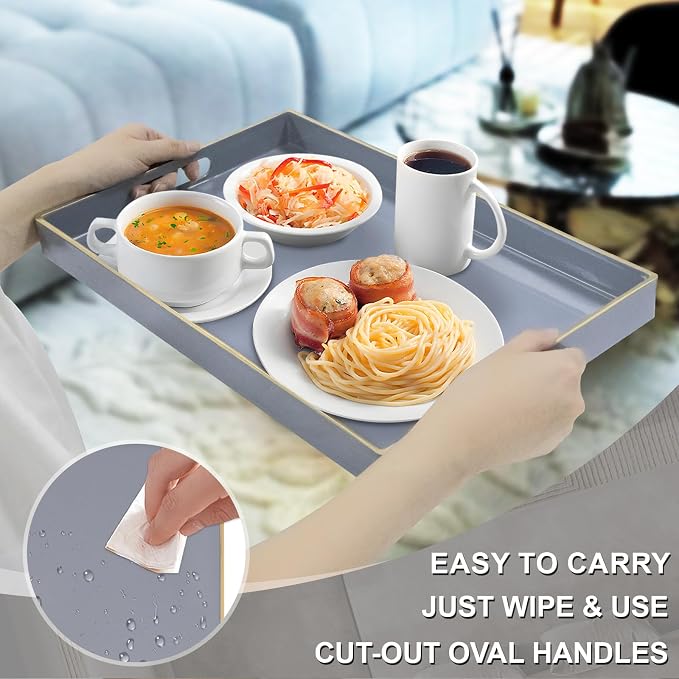 MAONAME Gray Serving Tray with Handles, Modern Grey Decorative Tray for Coffee Table, Plastic Rectangular Gray Trays for Ottoman, Bathroom, Decor, 15.8” x 10.2” x 1.4" - Image 3
