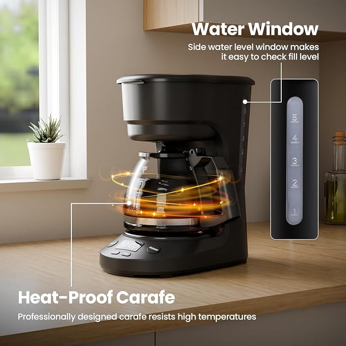 Kismile 5-Cup Drip Coffee Maker, LED Display, Timer,Anti-Drip & Shut-Off | Small Coffee Maker with Dry-Boil Protection, Removable Funnel, Compact, Ideal for Home & Office - Image 6