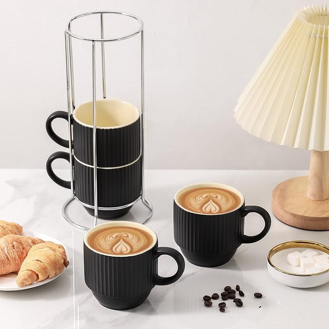Hasense Black Coffee Mug Porcelain Set of 4 with Rack - 12 oz Stackable Coffee Cups Ceramic, Modern Ribbed Latte Cup Sets for Cappuccino, Tea, Espresso, Hot Cocoa, Drinks - Dishwasher & Microwave Safe - Image 5