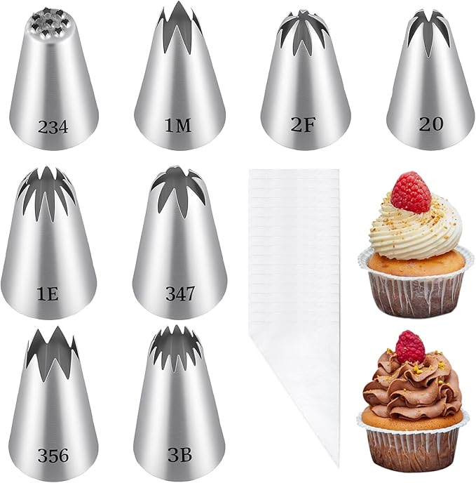 8PCS Large Piping Tips Set, Stainless Steel Cake Decorating Tips with 10pcs Piping Bags Pastry Cake Decorating Tip Baking Tools for Baking Cupcakes Decoration
