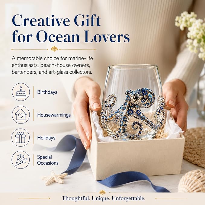 Artisanal Blue Ringed Octopus Glassware, 12oz Artisan Stemless Wine Glass (D1PC) - Image 6
