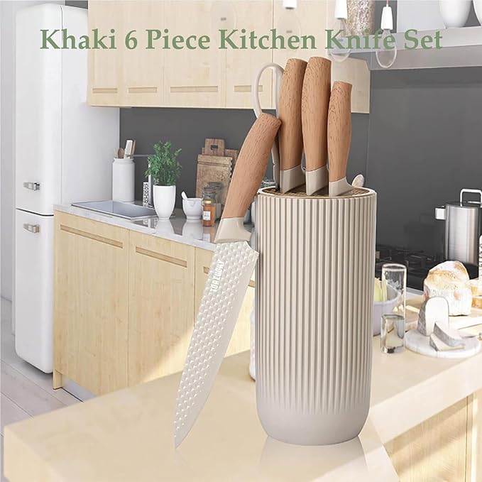 Kitchen Knife Set, Retrosohoo 6-Pieces Khaki Sharp Knife Block Sets for Kitchen, Non-stick Non-slip Stainless Steel Chef knives with Universal Block Suitable for Home Restaurant (Khaki) - Image 5
