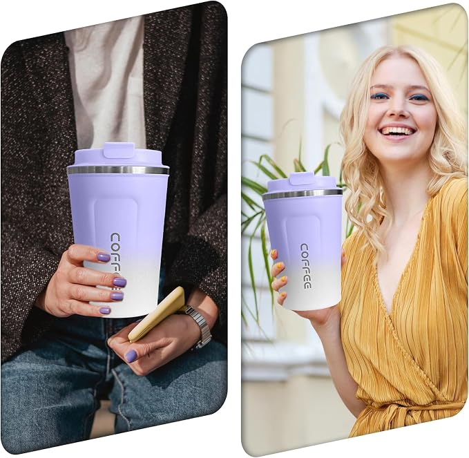 SPLMIFA Travel Coffee Mug Leak-Proof, Reusable Coffee Cups with Lid, Stainless Steel Vacuum Insulated Coffee Tumblers, Thermal Insulation Cup for Men & Women Hot & Cold Drinks(2nd-Purple White, 12OZ) - Image 6