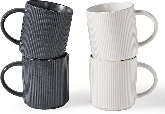 famiware Coffee Mug Set for 4, Star 16 oz Catering Mugs Cup Set with Handle for Coffee, Tea, Cocoa, Milk - Ceramic Stoneware Drinkware Set, Matte White + Matte Black by Famiware