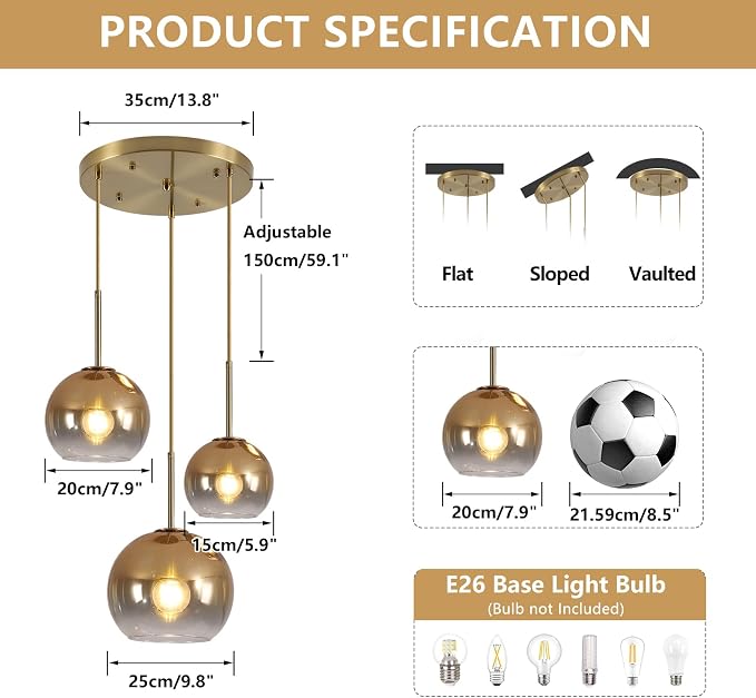 KCO Lighting Gold Cluster Pendant 3-Light Large Glass Pendant Lights Kitchen Island Bubble Globe Chandelier Mid Century Modern Hanging Light - Image 2