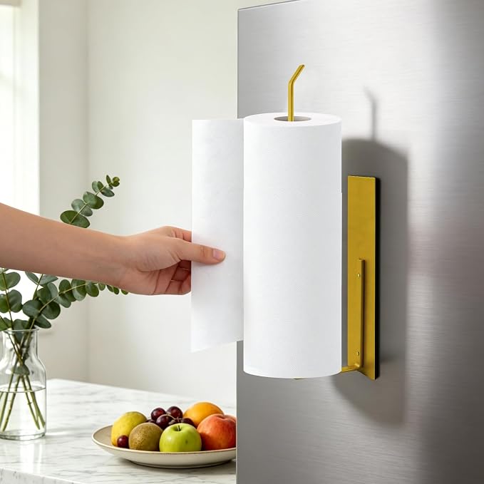 Gold Paper Towel Holder, Magnetic Paper Towel Holder for Fridge, Toilet Paper Roll Holder Magnet Towel Rack Wall Mount Fridge Organizer for Paper Towels Rolls Bathroom Pantry RV Kitchen Storage Golden - Image 2