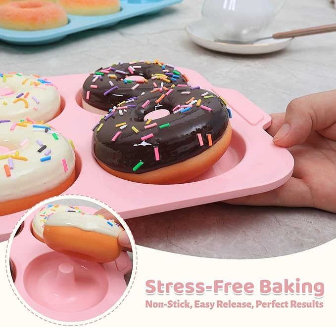 Nonstick Silicone Donut Pan: 4 Inch Large Donut Mold with Metal Frame - Bagel Doughnut Pan for Baking Gluten Free Glazed Vegan - for Oven Housewife Home Baker Baking Lovers (Pink & Beige)