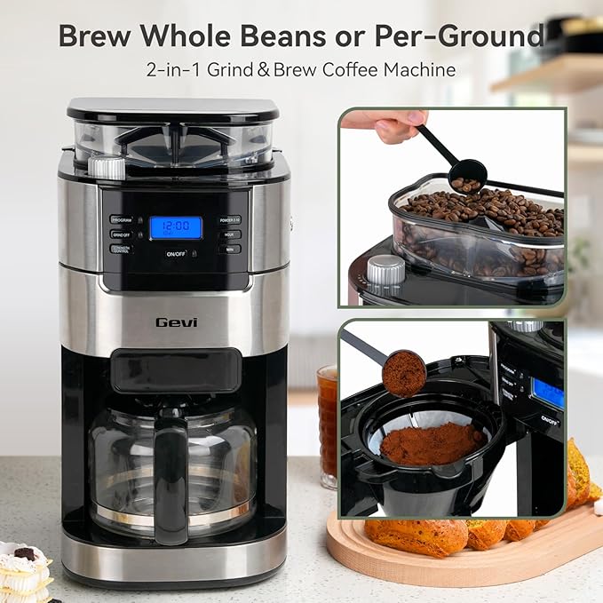 Gevi All In One 10-Cup Grind & Brew Coffee Maker with Built-In Burr Grinder | 24-Hour Programmable Timer, 1.5L Water Tank, Warm Plate, Reusable Filter & Glass Carafe for Daily Fresh Coffee Brewing - Image 2