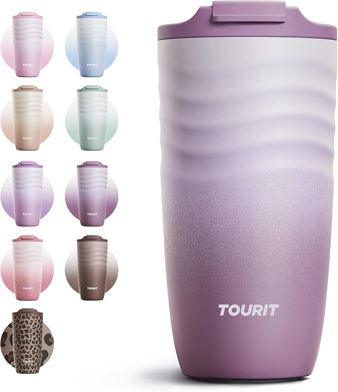 TOURIT 16 oz Travel Coffee Mug, Vacuum Insulated Stainless Steel Tumbler with Ripple-Wave Anti-Slip Grip, Built-in Silicone Bottom for Quiet & Stable, Leak-Proof Lid, Fits Car Cup Holder, Mist Purple by TOURIT