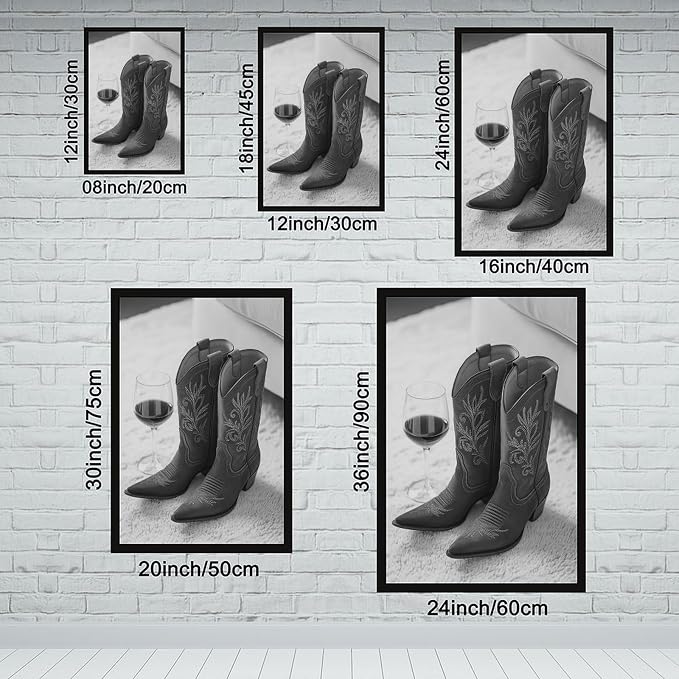 UXCBIA Cowboy Boots And Red Wine, Western Aesthetic, Black And White, Modern Fashion Poster Canvas Poster Bedroom Decor Sports Landscape Office Room Decor Gift Black Frame 24x36in(60x90cm) - Image 2