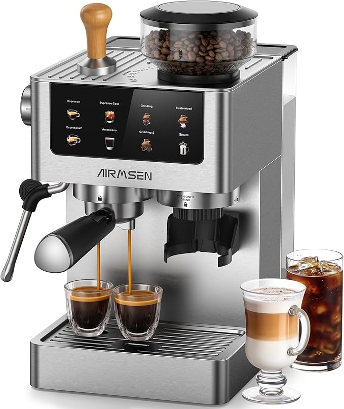 AIRMSEN Espresso Machines with Burr Grinder, 20 Bar, Milk Frother Steam Wand, Stainless Steel Coffee Maker for Home - Cappuccino Latte & ​​Cold Brew​​ Iced Coffee Maker & Americano by AIRMSEN