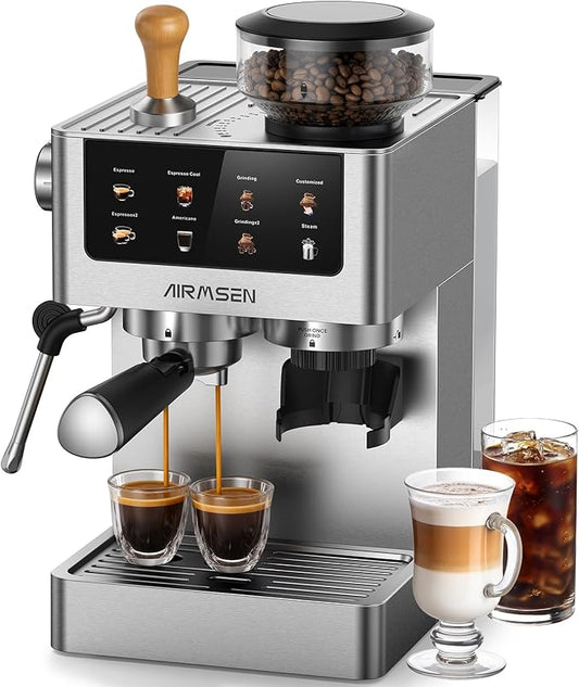 AIRMSEN Espresso Machines with Burr Grinder, 20 Bar, Milk Frother Steam Wand, Stainless Steel Coffee Maker for Home - Cappuccino Latte & ​​Cold Brew​​ Iced Coffee Maker & Americano by AIRMSEN