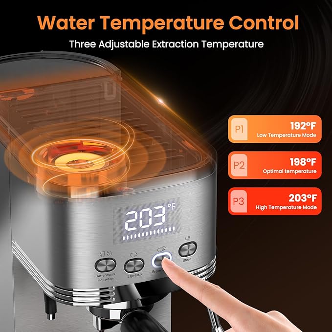 Espresso Machine 20 Bar Espresso Maker with Steam Milk Frother,Temperature Control LED Display Stainless Steel Coffee Machine for Cappuccino Latte,Gift for Coffee Lovers Women and Men