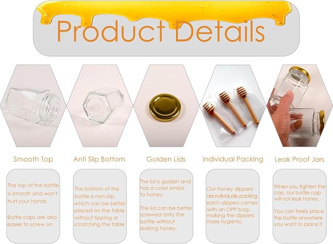 Adabocute 4oz Hexagonal Honey Jars - Glass Honey Jars with Gold Lids, Wooden Dippers, Bee Charms and Jutes - Hexagon Jars for Baby Shower, Wedding and Party Favors, 12 Pack - Image 6