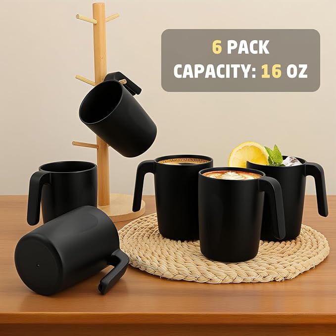 Wheat Straw Coffee Cups 16 OZ, Wheat Straw Cups with Handles, Unbreakable & Stacking Coffee Mugs Set of 6, Microwave & Dishwasher Safe Drinking Cups for Party, Camping, Kitchen - Black - Image 7