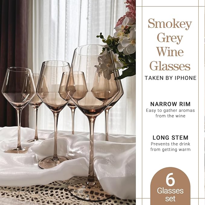 Smokey Sand Wine Glasses Set 6-16oz, Long Stem, Universal Size for White and Red Wine - Hand Blown Smoky Amber Brown Neutral Stemware for Home,Party - Image 3