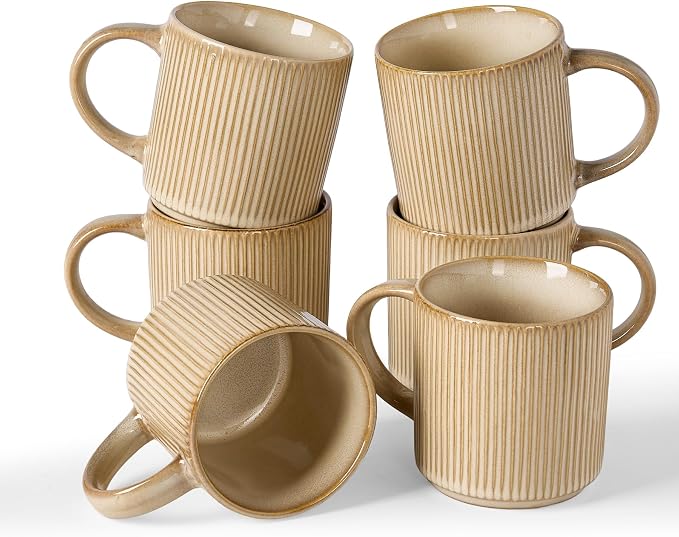 famiware Coffee Mug Set for 6, Star 12 oz Catering Mugs Cup Set with Handle for Coffee, Tea, Cocoa, Milk - Ceramic Stoneware Drinkware Set, Cream by Famiware