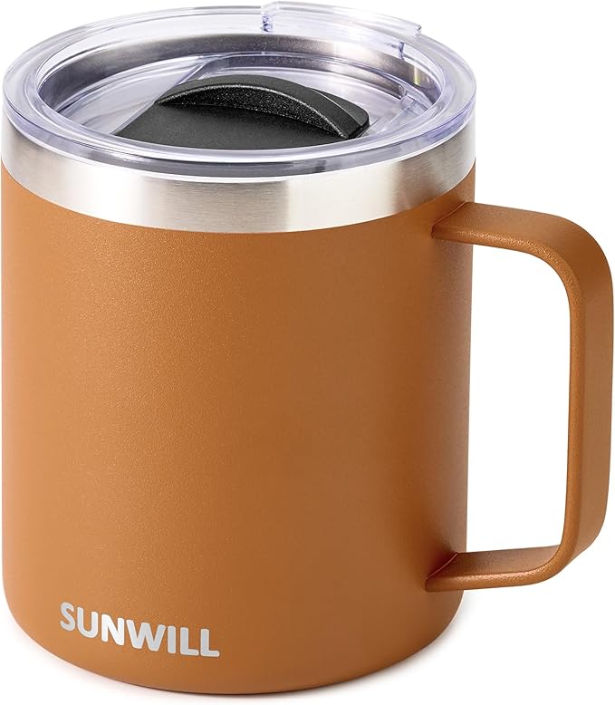 SUNWILL Insulated Coffee Mug with Lid, Travel Tumbler with Handle, 14 oz Stainless Steel Cup for Camping, Office, Home, Powder Coated Caramel by SUNWILL