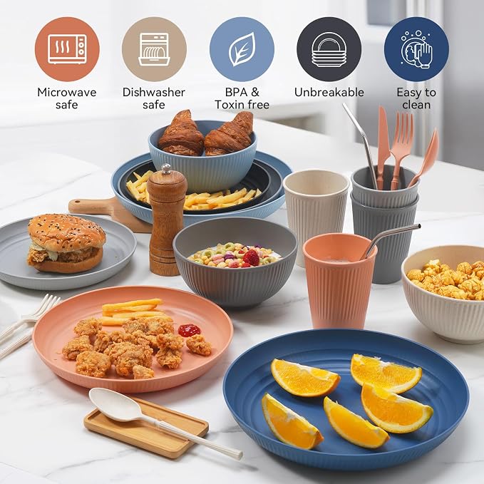 Wheat Straw Dinnerware Sets,64-Piece Beige Plates and Bowls Sets for 8-Unbreakable,Reusable Plastic Dish Set-Dinner Plate/Dessert Plate/Cereal Bowl/Cup/Utensils-Microwavable Dishwasher Safe 64P-Beige - Image 7