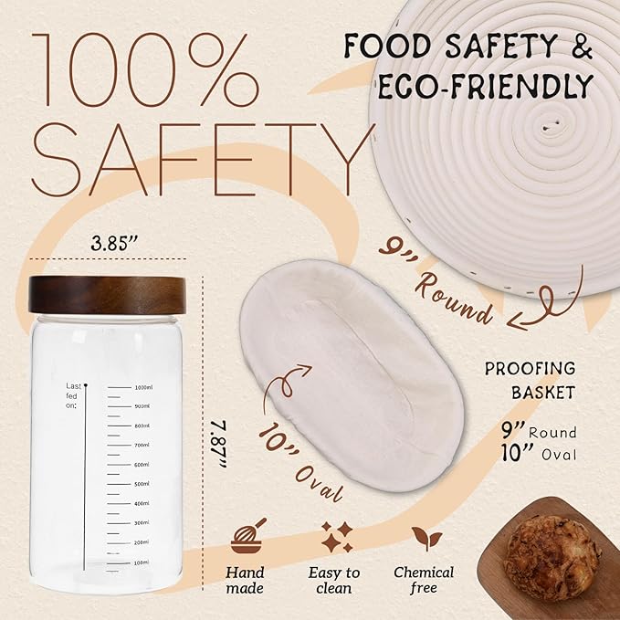 Sourdough Starter Kit,40oz Sourdough Starter Jar with Wooden Lid,2 Banneton Bread Proofing Baskets (9”Round & 10”Oval),Bread Making Supplies Tools,Sourdough Bread Baking Supplies,for Baking Beginners